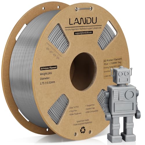 LANDU PLA Filament 1.75mm 1KG 3D Drucker Filament 3D Druckmaterialien Silber PLA Maßgenauigkeit +/-0.02mm Sauber Gewickelt für die meisten 3D Drucker von LANDU