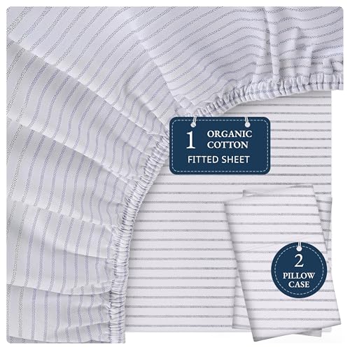 LANE LINEN Spannbettlaken für Queen-Size-Betten aus 100 % Bio-Baumwolle, 3-teiliges Set (1 Spannbetttuch, 2 Kissenbezüge), passend für Matratzen mit einer Tiefe von bis zu 4.8 m, blaue Streifen von LANE LINEN