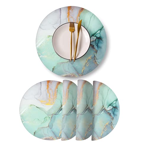 Runde Leder Tischsets, 4er-Set, PU, wasserdicht, rutschfest, waschbar, hitzebeständig, Tischset für Küchentisch, Esstisch, Marmor-Muster, Nähte von LANEABUY