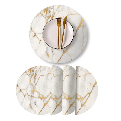 Runde Leder Tischsets, 4er-Set, PU, wasserdicht, rutschfest, waschbar, hitzebeständig, Tischset für Küchentisch, Esstisch, Marmor-Gold-Linie von LANEABUY