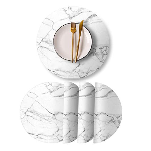 Runde Leder Tischsets, 4er-Set, PU, wasserdicht, rutschfest, waschbar, hitzebeständig, Tischset für Küchentisch, Esstisch, Marmor-Weiß von LANEABUY