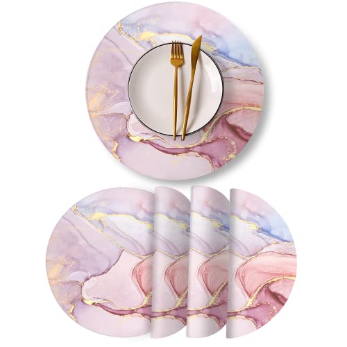 Runde Leder Tischsets 4er Set PU Wasserdicht rutschfest Waschbar Hitzebeständig Platzset für Küche Esstisch Rosa Marmor von LANEABUY