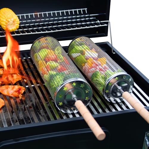 LANEJOY Rollendes Grillkörbe mit Griff (2 Stück, 30cm x 10.9cm), 304 Edelstahl Rolling Grilling Basket für Außengrill, Tragbare Grillnetze für Gemüse, Garnelen, Hähnchen, Grillzubehör von LANEJOY