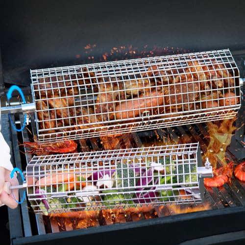 LANEJOY Rollende Grillkörbe mit abnehmbarem Griff (Hexagonal), 2 Stück Edelstahl-Grillkorb für Outdoor-Grill, tragbare Grillnetze für Gemüse, Garnelen, Huhn, Grillzubehör, Geschenk für Männer von LANEJOY