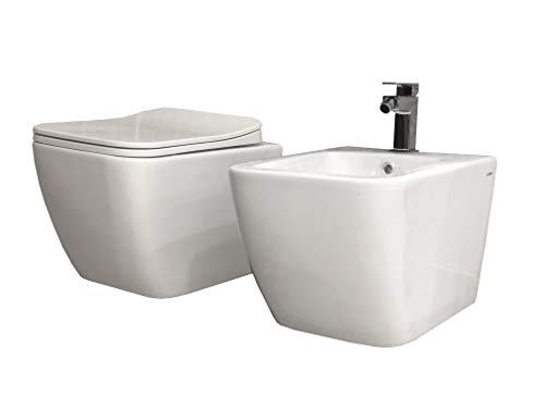Spülrandloses hängendes Sanitär-Set in quadratischem Design, platzsparende Maße mit soft-close WC-Sitz von LANERI