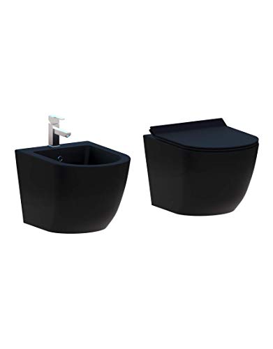 Spülrandloses hängendes Sanitärset Modell New Edge in mattem Schwarz inklusive soft-close WC-Sitz von LANERI