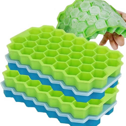 LANHUIYY Eiswürfelform aus Silikon, 4er Pack 37-Fach Eiswuerfel Form Mit Deckel, Wasser Gelee，Stapelbar Eiswürfelbehälter Ice Cube Tray für Bier Cocktails Whisky (2 Blau + 2 Grün) von LANHUIYY