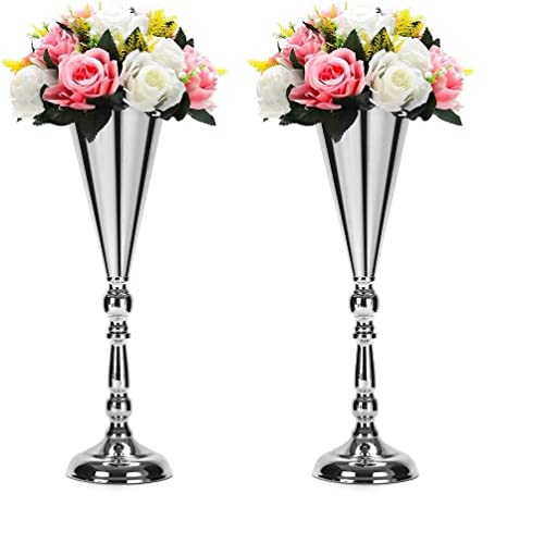 Set mit 2 Metall-Hochzeitsblumenvasen für Hochzeiten, Tischdekoration, Blumenständer, Vase für Veranstaltung, Party, Wohnzimmer, Zuhause, Büro, Dekoration (Silber, 2 × L) von LANLONG