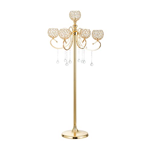 5 Arme Kristall Kandelaber Tafelaufsätze Gold Kerzenhalter Ständer für Hochzeit Hone Decor 115 cm hoher Kronleuchter Kerzenhalter für Tischdekoration Party Dekoration von LANLONG