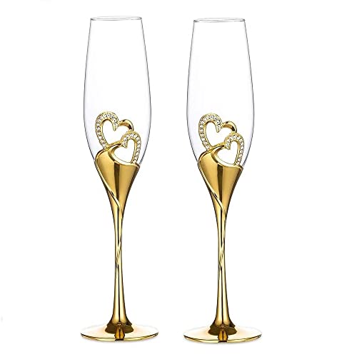 LANLONG Hochzeits Champagnerkelche Toastflötengläser für Braut und Bräutigam Kreative Deluxe Glasbecher mit Strass umrandet Herzdekoration Geschenkset von LANLONG