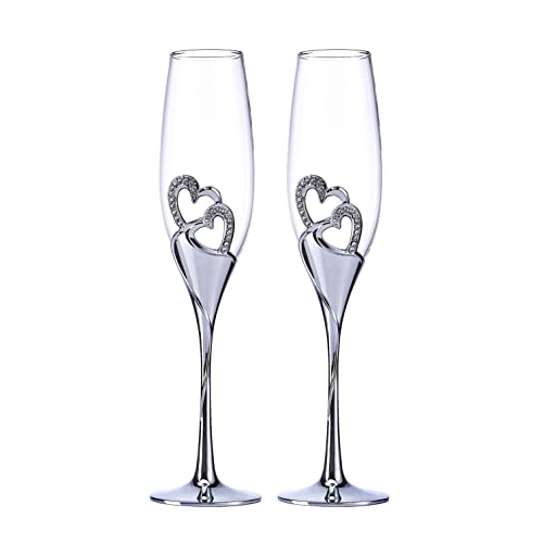 LANLONG Hochzeits Champagnerkelche Toastflötengläser für Braut und Bräutigam Kreative Deluxe Glasbecher mit Strass umrandet Herzdekoration Geschenkset von LANLONG