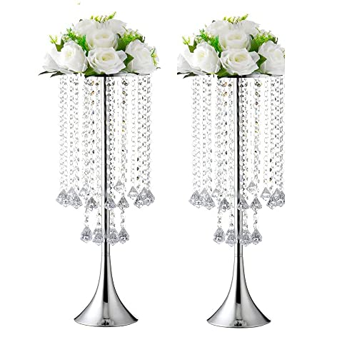 Luxuriöser Kristall-Ständer (58 cm hoch), 2 Stück Blumenständer Hochzeit Tafelaufsatz auf Boden, hohe Metall-Blumengestecke, Tisch-Blumenvase für Hochzeit Party (Silber) von LANLONG