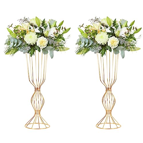 Satz von 2 Gold-Mittelstücke für Tabelle Hochzeit, 62cm hoch Metall Trompete Vase Blumenstand Hochzeit Mittelstück Vasen für Tischdekoration künstliche Blume Display Stand für Karneval Home Decor von LANLONG