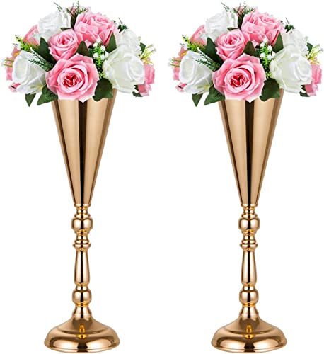 Set mit 2 Tischvasen aus Metall, für Hochzeiten, Trompeten, 42 cm hoch, Blumenständer, künstliche Blumenarrangements für Esstisch-Dekorationen (Gold, 2 x L) von LANLONG