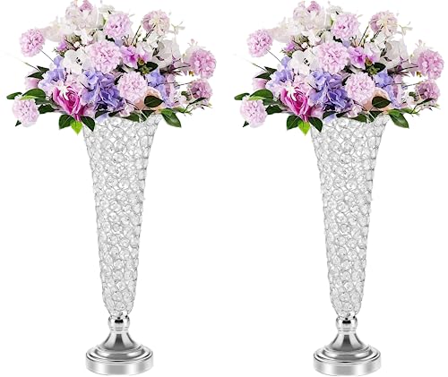 LANLONG Silberne Vasen für Tafelaufsätze – Kristalltrompetenvase, 2 Stück Kristallvasen für Tischaufsätze, 50,8 cm Blumenständer für Hochzeit, Party, Jahrestag, Geburtstag, Heimdekoration von LANLONG