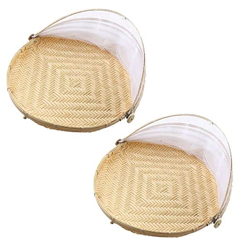 LANMOU 2 PCS Round Food Serving Tent Basket, Hand-Woven Natural Bamboo Food Tent Basket with Mesh Gauze Food Cover Food Storage Basket for Outdoors Parties Picnics (36cm) von LANMOU