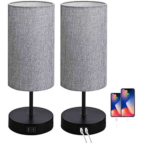LANMOU 2 Stück Nachttischlampe Touch Dimmbar, Moderne Tischlampe LED mit 2 USB-Anschlüssen, E26 Schlafzimmer Tischleuchte mit Stoff Lampenschirm Grau, 3 Helligkeitsstufen Einstellbar,2 usb von LANMOU