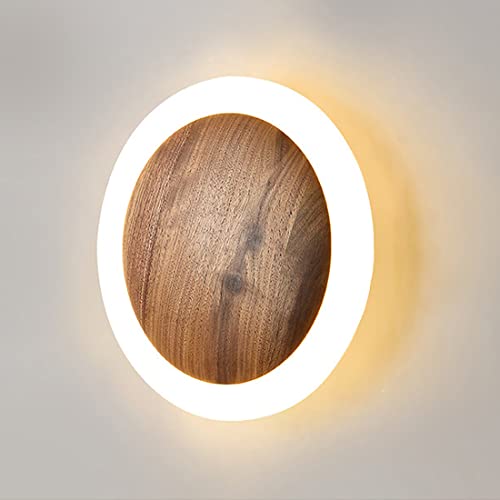 LANMOU 3000K LED Wandleuchte Runde Schwarz Walnuss Holz Innen Wandlampe Schlafzimmer Wandleuchten Modern Nachttisch Lampe Up Down Wohnzimmer Wandbeleuchtung Dekoration Flurlampe für Korridor (20CM/9W) von LANMOU