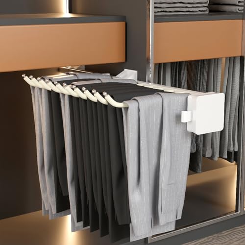 LANMOU Ausziehbare Hosenbügel Platzsparend, Edelstahl Kleiderbügel Hosen Für Kleiderschrank, Leise, rutschfest, Teleskop Hosenauszug 9 Arme Push-Pull Hosenkleiderbügel, Weiß von LANMOU