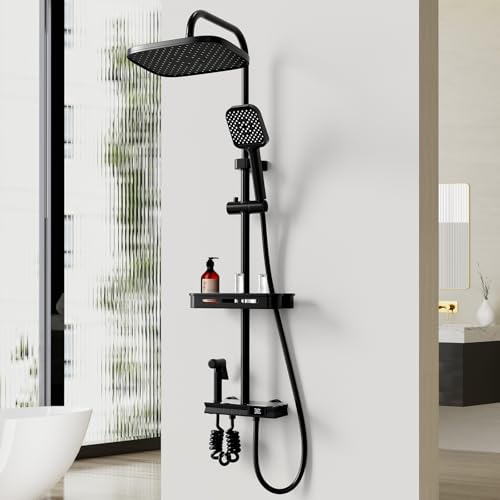 LANMOU Duschsystem Schwarz mit Temperaturanzeige, Duscharmatur Komplettset mit Regendusche Duschkopf, Regendusche mit Armatur, 80-120cm Höhenverstellbar, Duschset 3 Strahlarten von LANMOU