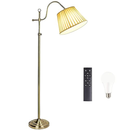 LANMOU Gold Stehlampe Wohnzimmer, 12W LED Stehleuchte Dimmbar mit Fernbedienung, Weiß Stoff Lampenschirm, Retro Metall Kupfer Stehleuchte für Schlafzimmer Arbeitszimmer Büro Hotel, E27 Fassung Max 60W von LANMOU