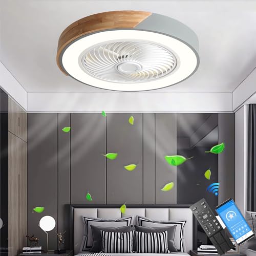 LANMOU Holz Deckenventilator mit Licht, 52cm Deckenleuchte mit Ventilator, Leise & Fernbedienung, Dimmbar, APP & Timer, Winter Modus, Ventilator mit lampe für Schlafzimmer Wohnzimmer Esszimmer, Grau von LANMOU