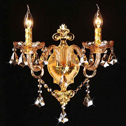 LANMOU Klassische Kerzen Wandleuchte 2 Flammig Mit Klare Kristall 2 Armig Antik Wandlampe Kerzenformig Wandleuchter für Wohnzimmer Schlafzimmer Korridor Eingang Gang E14 2X25W (Golden/Champagner) von LANMOU