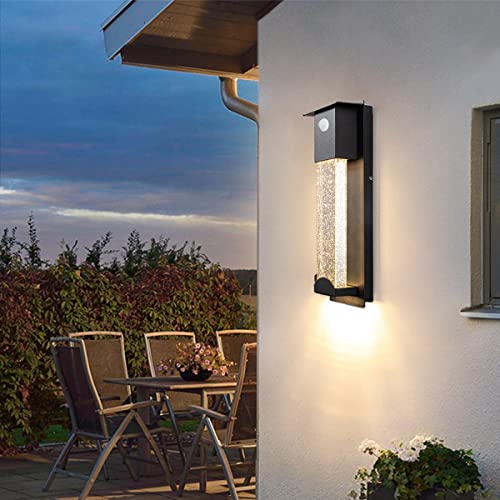 LANMOU LED Außenwandleuchte mit Bewegungsmelder IP54 Wetterfest Wandleuchte Aussen mit Kristall Blasenglas 10W 3000K Warmweiß Türleuchte aus Aluminium Schwarz Aussenlampe für Garten, Garage, Haus von LANMOU