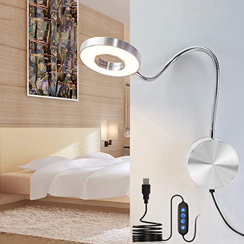 LANMOU Leselampe Wandmontage Wandlampe mit Schalter Dimmbar, 5W LED Schwanenhals Lampe Silber Bett Wandleuchte mit Kabel USB, 420LM Schlafzimmer Bettleuchte Aluminium Wand Leseleuchte von LANMOU