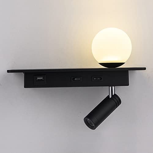 LANMOU Modern Innen Wandlampe mit Schalter und USB Anschluss, Wandmontage Leselampe, 350° Drehbar Bett Wandleuchte Runde Schlafzimmer Bettlampe LED 3000K Leseleuchte (5W+3W) (Black) von LANMOU