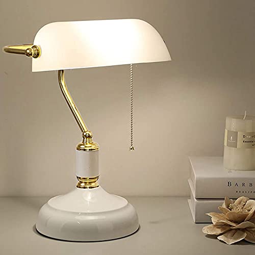 LANMOU Retro Tischlampe Traditionelle Bankerlampe, E27 Nachttischlampe mit Glaslampenschirm und Zugschalter, Deko Büro Schreibtischlampe Vintage Bankers Licht für Arbeitszimmer, Weiß von LANMOU