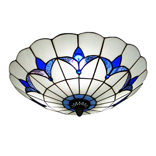 LANMOU Tiffany Style Deckenleuchte Unterputz Deckenlampe Mediterrane Glasschirmlampe Halbunterputz Deckenbeleuchtung mit E27-Glühbirnen Blau und Weiß,Ø25cm von LANMOU