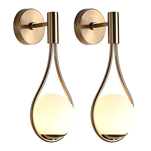 LANMOU Wandleuchte Innen Kugel Glas, 2 Stück Wandlampe Glas Gold E27 Vintage Wandleuchte mit Glaskugel Drop Lampenschirm, Warmes Weiß, Schlafzimmer Wohnzimmer Deco WandBeleuchtung von LANMOU