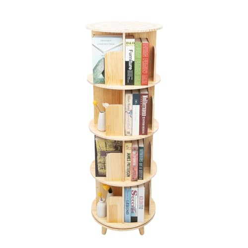 LANNADD Drehbares Bücherregal 360° Book Shelf Rotating Bookshelf Zylindrisch 4 Böden Rotating Bookshelf Kinderzimmer Holz Bücherregal 143x45cm von LANNADD