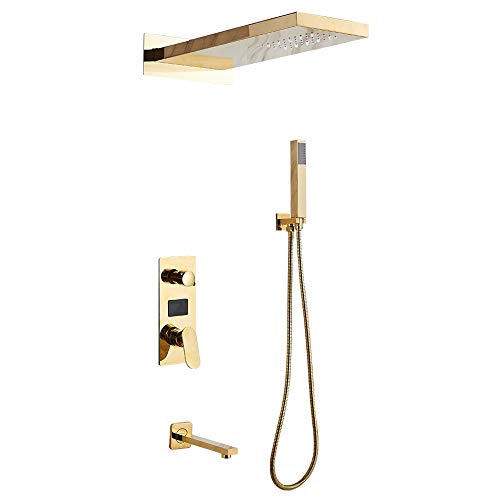 LANNADD Duschset Unterputz, Regenbrause Brause-Set Massage-Brausepaneel, Mit Handbrause Kopfbrause Installation 3 Duscharmatur Thermostat-Brausebatterie Badezimmer Wandmontage-Gold von LANNADD