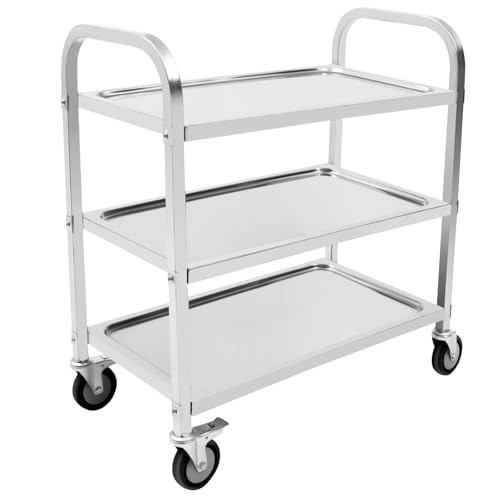 LANNADD Servierwagen Edelstahl, Servierwagen 3 Borde Bis 240 Kg Edelstahl 4 Lenkrollen 2 Feststellbremsen Küchenwagen, Geeignet für Küchen Wohnzimmer Schlafzimmer Computerräume und Krankenhäuser von LANNADD