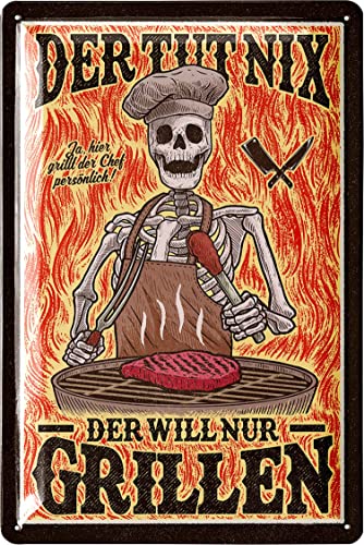 LANOLU Blechschilder Grillen - Grill Schild DER TUT NIX DER WILL NUR GRILLEN- retro BBQ und Garten Deko - Geschenk für Papas Grillecke und Grillplatz - Metallschild 20x30cm von LANOLU