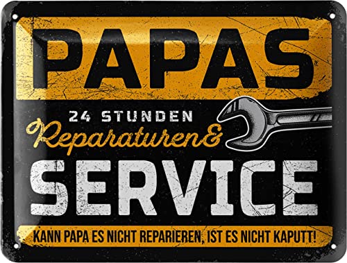 LANOLU Blechschild PAPAS SERVICE - Schild Werkstatt Papa - Geburtstagsgeschenk oder Vatertagsgeschenk Schild für Vater - lustige retro Deko mit Spruch, 15x20 cm von LANOLU