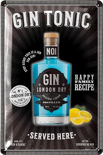 LANOLU Blechschilder retro Bar Deko - Bar Schild GIN TONIC SERVED HERE - Cocktail Schild mit lustigen Sprüchen als Geschenk - Metallschilder vintage als Alkohol Accessoires - Deko Küche 20x30cm von LANOLU