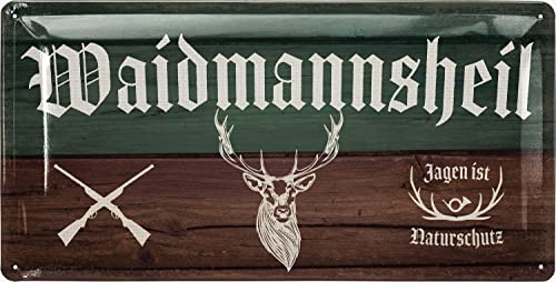 LANOLU Jäger Blechschild retro WAIDMANNSHEIL - Schild Jäger als Geschenk für Männer - Schützenfest Deko Schild für Partykeller als Bardeko - vintage Metallschild in Holz Optik, 17x34 cm von LANOLU