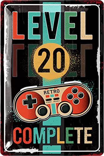 LANOLU Retro Blechschild 20 Schild Geburtstag - LEVEL 20 COMPLETE - Deko 20 Geburtstag Mann, 20 Geburtstag Deko für Gamer, Metallschild 20x30cm von LANOLU