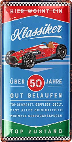 LANOLU Retro Blechschild 50 Geburtstag Schild - 50 JAHRE KLASSIKER - Alternative zur Geburtstagskarte 50 - witziges Geschenk 50 Geburtstag Mann, Metallschild, 17x34cm von LANOLU