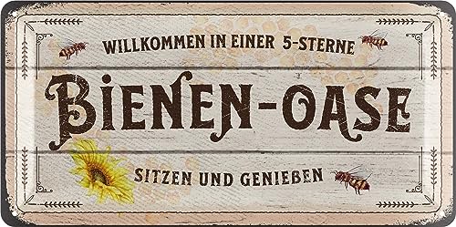 LANOLU Retro Blechschild BIENEN-OASE Schild - Blechschilder Garten mit Sprüchen - nostalgische Dekoration als Gärtner Geschenke - retro Deko vintage Metallschild Garten in Holz Optik 16x32cm LANOLU Retro Blechschild BIENEN-OASE Schild - Blechschilder Garten mit Sprüchen - nostalgische Dekoration als Gärtner Geschenke - retro Deko vintage Metallschild Garten in Holz Optik 16x32cm von LANOLU