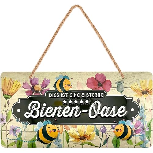 LANOLU Retro Blechschild BIENEN-OASE Schild - Blechschilder Garten mit Sprüchen - nostalgische Dekoration als Gärtner Geschenke - retro Deko vintage Metallschild Garten mit Jutekordel 16x32cm LANOLU Retro Blechschild BIENEN-OASE Schild - Blechschilder Garten mit Sprüchen - nostalgische Dekoration als Gärtner Geschenke - retro Deko vintage Metallschild Garten mit Jutekordel 16x32cm von LANOLU