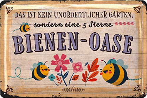 LANOLU Retro Blechschild Bienen-OASE Schild - Blechschilder Garten mit Sprüchen - nostalgische Dekoration als Gärtner Geschenke - Retro Deko Vintage Metallschild Garten in Holz Optik 20x30cm von LANOLU