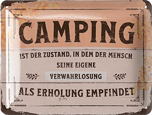 LANOLU Retro Blechschild CAMPING IST ERHOLUNG, Camper Geschenke für Wohnmobilfahrer als lustige Wohnwagen Deko, Camping Regeln Deko Wohnwagen, Metallschild in Holz Optik 15x20 cm von LANOLU