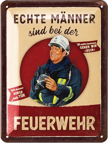 LANOLU Retro Blechschild Feuerwehr - Echte Männer - Feuerwehrmann Geschenke für Männer, Geschenkideen für Männer, Feuerwehr Deko Schild - Metallschild mit Spruch in 15x20cm von LANOLU