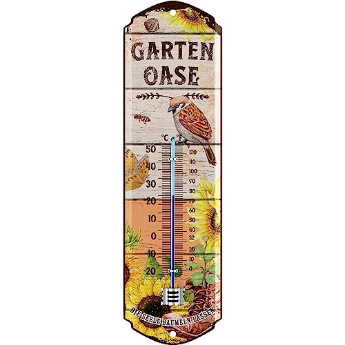LANOLU Retro Blechschild GARTEN OASE THERMOMETER Schild - Blechschilder Garten mit Sprüchen - Gärtner Geschenke - retro Deko vintage Metallschild Garten 8x28cm von LANOLU