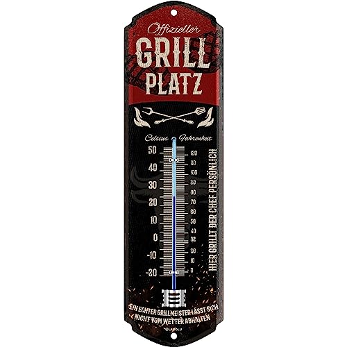 LANOLU Retro Blechschild GRILLPLATZ THERMOMETER - GRILL Schild Garten außen - Deko Garten Vintage Schilder - Blechschild Grill Geschenke Schild aus Metall mit Wölbung 8x28cm von LANOLU