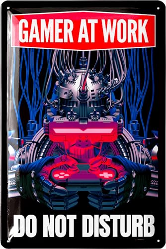 LANOLU Retro Blechschild - Gaming Schild - GAMER AT WORK Türschild bitte nicht stören - Gamer Geschenk - Gaming Zone - lustige Deko Jugendzimmer für Zocker - als Metallschild, 20x30cm von LANOLU